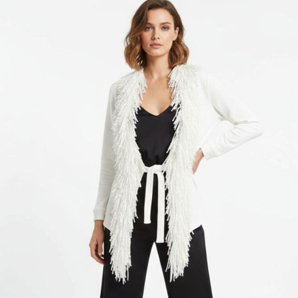 Ruby Rd. Ivory Fringe Trim Cotton Cardigan Tie Ponte Knit Sweater M